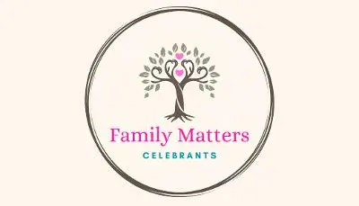 CLAIRE EVANS-BELL: Circular logo on cream background with a tree and pink heart above the text Family Matters Celebrants